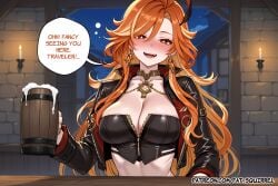 1girl ai_assisted ai_generated beer_mug black_crop_top black_jacket drunk english_text fatest_squirrel genshin_impact large_breasts looking_at_viewer mavuika_(genshin_impact) multicolored_hair open_mouth smile table