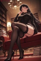 1girl ai_generated bangs black_footwear black_hair black_legwear book bookshelf breasts classroom_of_the_elite crossed_legs from_below garter_straps half-closed_eyes hi_res high_heels high_quality high_resolution horikita_suzune indoors kiraamane lace lace-trimmed_legwear large_breasts legs long_hair looking_at_viewer patreon red_eyes seductive sexy shoe_dangle shoes sitting skirt smile solo thighhighs thighs uncensored underwear watermark