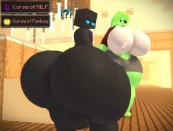 1boy 1girls balls ballsack big_ass big_breasts big_butt bigger_ass black_body black_skin blocky_head breasts clothed_female_nude_male confused curvy_female curvy_male hair hb_(hb_the_ender) hbtheender huge_ass huge_breasts huge_butt minecraft nipples nipples_visible_through_clothing nude_male potion question_mark slimer_(stemingbunbun) tagme thick_thighs wide_hips
