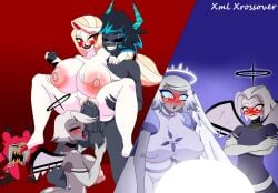 2boys 4girls alastor_(hazbin_hotel) angel angel_wings blonde_hair carrying_partner charlie_morningstar_(hazbin_hotel) crying cuckold emily_(hazbin_hotel) exorcist_vaggie grey_body halo hazbin_hotel hellaverse holding_hands hooves horns huge_ass huge_breasts licking_penis lifting_person lute_(hazbin_hotel) meme oc original_character red_eyes standing threesome vaggi_(hazbin_hotel) vaggie_(hazbin_hotel) vaginal_penetration white_body white_hair xml_xrossover_(artist) zalgrath