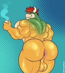 2026 2_horns 4_fingers absurd_res anthro anus back_muscles balls biceps big_butt bowser butt coffee_mug container cup deltoids digital_drawing_(artwork) digital_media_(artwork) english_description english_text eyebrows fingers forearm_muscles genitals glistening glistening_balls glistening_butt glistening_genitalia grumpyfloof hair hi_res holding_container holding_cup holding_mug holding_object horn koopa looking_back male mario_bros mug muscular muscular_anthro muscular_male nintendo nude pecs rear_view red_eyebrows red_hair scalie solo text thick_thighs triceps yellow_body