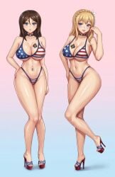 2girls american_flag_bikini bimbo bimbofication blonde_hair blue_eyes blush breasts brown_hair choker collar crown_braid curvy_female girls'_frontline girls_und_panzer high_heels large_breasts looking_at_viewer mosin-nagant_(girls'_frontline) nonna_(girls_und_panzer) platform_heels qos queen_of_spades wide_hips