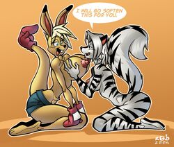 2girls animal_ears anthro big_breasts blonde_hair boxing_gloves breast_fondling breasts dialog duo fabio_paulino feline female female_only fur furry gloves hair huge_breasts kangaroo ko ko_(fabio_paulino) long_hair mammal marsupial nipples pouch red_boxing_gloves red_gloves skunk text yuri zig_zag