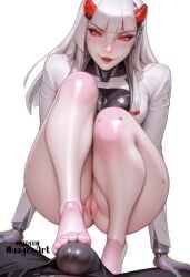 1boy 1girl ai_generated artist_name bangs barefoot blizzard_entertainment blunt_bangs blush breasts bulge erection erection_under_clothes explicit feet footjob hetero horns lips long_hair looking_at_viewer male_underwear mole mole_under_eye nuageeart overwatch overwatch_2 penis pussy red_eyes shion simple_background smile solo_focus squatting toes uncensored underwear white_background white_hair