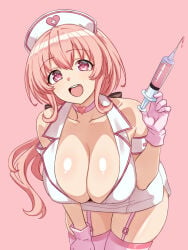 armband bare_shoulders breasts choker cleavage collarbone compa dress garter_straps gloves hair_between_eyes hand_on_own_thigh happy hat heart heart_choker highres holding holding_syringe huge_breasts leaning_forward long_hair looking_at_viewer neptune_(series) nurse nurse_cap open_mouth pink_background pink_choker pink_eyes pink_gloves pink_hair pink_liquid pink_thighhighs plunging_neckline shiny_skin short_dress side_slit skindentation smile syringe teeth thighhighs thighs upper_teeth_only white_armband white_dress zatsu