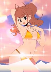 :d armpits arms_behind_head arms_up bikini blush bouncing_breasts cute gif gjh_1 kujikawa_rise large-breasts ocean partially_submerged persona persona_4 smile upper_teeth water