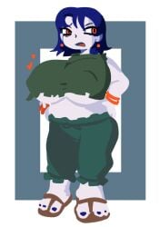 1girls accurate_art_style bags_under_eyes barefoot blue_hair blue_toenails border bracelet bracelets brown_sandals cave_story covered_nipples earrings errorplush frilled_pants frills green_pants green_shirt huge_breasts looking_to_the_side misery_(cave_story) open_mouth orange_bracelet red_eyes sandals short_hair solo sphere_earrings underboob white_border white_skin