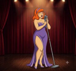 1girls ai_generated bbw breasts cartoon_network cleavage closed_eyes daphne_blake dress hanna-barbera microphone orange_hair purple_dress scooby-doo singing solo standing thick_thighs warner_bros warner_brothers wide_hips