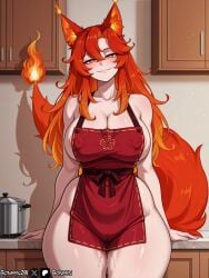 1girl ai_generated animal_ear_fluff animal_ears apron areola_slip bare_shoulders blush bonfen291 breasts cleavage collarbone covered_nipples cowboy_shot fire fox_ears fox_girl fox_tail gradient_hair hair_between_eyes indie_virtual_youtuber indie_vtuber indoors kitchen large_breasts long_hair looking_at_viewer multicolored_hair naked_apron orange_eyes orange_hair orange_tail patreon_logo patreon_username pussy_juice red_apron red_eyes red_hair self_upload smile smugalana solo tail thick_thighs thighs twitter_logo twitter_username virtual_youtuber vtuber wide_hips