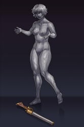 1girls 2026 asfr dropped_object female female_only gun human implied_transformation inanimate inanimate_transformation looking_down mouth_open naked petrification petrified short_hair simple_background statue statue_transformation stone stone_skin stuck surprised_expression transformation weapon