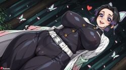 1girl ai_generated belt black_hair blush boobs breasts bug butterfly butterfly_hair_ornament cameltoe covered_nipples demon_slayer_uniform forest gradient_hair hair_ornament haori heart huge_ass huge_breasts impossible_clothes japanese_clothes juswa kochou_shinobu large_ass large_breasts looking_at_viewer makeup multicolored_hair nature open_mouth outdoors petals purple_eyes purple_hair questionable short_hair smile solo teeth thicc thick_thighs thighs