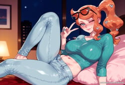 1girl ai_generated aqua_eyes balecxi blush crop_top denim eyewear_on_head hair_ornament heart heart_hair_ornament indoors jeans large_breasts long_hair looking_at_viewer midriff navel nintendo one_eye_closed orange_hair pants patreon_username pillow pokemon pokemon_ss pokemon_swsh side_ponytail smile solo sonia_(pokemon) sunglasses thighs v web_address