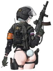 1girls armband ass assault_rifle black_gloves black_helmet black_jacket cigarette fake_tail female female_only fsb gloves grenade_launcher grey_hair gun handgun helmet highleg highleg_leotard highres holding holding_cigarette holding_gun holding_weapon jacket leotard machine_gun magazine_(weapon) mole mole_on_ass mole_on_thigh original pistol police police_uniform rabbit_tail rifle russian_flag saliva sawkm short_hair tail trigger_discipline watch weapon wristwatch