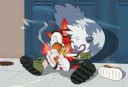 5_toes absurd_res anthro artguyidk blush bodily_fluids body_blush canid canine canis clothing cum cum_on_ground dominant dominant_female drain duo ejaculation eyes_closed feet female foot_blush foot_fetish foot_focus foot_play foot_sniffing footjob footwear fur gadget_the_wolf genital_fluids genitals gym hi_res holding_clothing holding_footwear holding_object holding_shoes idw_publishing lemur locker_room looking_pleasured male male/female mammal musk musky_feet penis pink_eyes primate purple_eyes red_body red_fur ring-tailed_lemur sega sex shoe_sniffing shoes shoes_removed sitting sniffing sniffing_clothes sonic_the_hedgehog_(comics) sonic_the_hedgehog_(idw) sonic_the_hedgehog_(series) stirrup_legwear strepsirrhine submissive submissive_male tangle_the_lemur toes white_body white_fur wolf