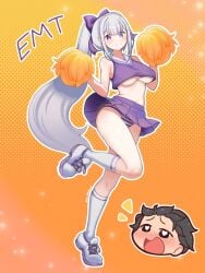 1boy 1girls belly cheerleader cheerleader_uniform co_depend elf elf_ears elf_female emilia_(re:zero) hips large_breasts natsuki_subaru panties ponytail purple_eyes re:zero_kara_hajimeru_isekai_seikatsu silver_hair skirt_up thighs underboob