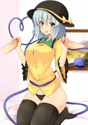 black_legwear black_panties blush bow censored female green_eyes handjob hat hat_bow heart heart_of_string highres koishi_komeiji magic_penis no_pants ocha_(ochappie) panties penis short_hair side-tie_panties silver_hair solo_focus thighhighs third_eye tongue tongue_out touhou underwear