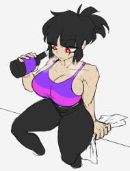 after_workout black_hair bottle drink huge_breasts large_breasts long_pants needlemouse_(series) pants ponytail purple_clothing red_eyes sarah_henderson_(needlemouse) self_conscious sitting steam steaming_body sweat sweatdrop sweating tank_top thick_thighs towel workout workout_clothes