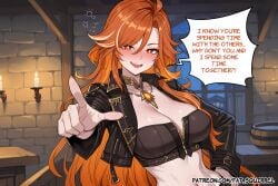 1girl ai_assisted ai_generated black_crop_top black_jacket contrapposto drunk english_text fatest_squirrel genshin_impact large_breasts looking_at_viewer mavuika_(genshin_impact) multicolored_hair open_mouth pointing_at_viewer smile