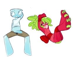 cock_out dandy's_world dandys_world drooling_cum embarrassed_expression finn_(dandy's_world) red_bow spread_legs sprout_(dandy's_world) tied_hands tied_legs tied_up