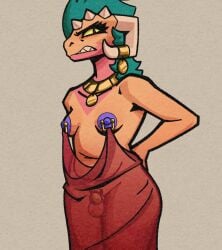 2026 angry anthro areola areye_(artist) argonian balls barbell_piercing biped chastity_cage chastity_device chest_markings clenched_teeth clothed clothed_anthro clothed_gynomorph clothing curved_horn digital_drawing_(artwork) digital_media_(artwork) dress eyelashes frown furgonomic_jewelry furrowed_eyebrows genitals gold_(metal) gold_chastity_cage gold_chastity_device gold_jewelry gold_piercing gynomorph gynomorph_anthro hair hand_on_hip hand_on_own_hip hi_res horn horn_jewelry intersex intersex_anthro jewelry looking_at_viewer male_(lore) markings microsoft narrowed_eyes nipple_barbell nipple_piercing nipple_piercing_dress nipples non-mammal_nipples orange_body piercing purple_areola purple_nipples quadrilateral_nipple_piercing quivers-for-arrows red_clothing red_dress scalie sharp_teeth simple_background solo standing strapless_clothing strapless_dress teeth the_elder_scrolls translucent translucent_clothing translucent_dress wide_hips yellow_sclera
