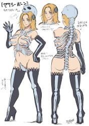 1girl alternate_costume ass big_breasts blonde_hair blue_eyes bolt_(hardware) boots breasts butcha-u claw_bra commentary_request concept_art dead_or_alive dead_or_alive_5 elbow_gloves gloves high_heel_boots high_heels large_breasts multiple_views navel reference_sheet revealing_clothes short_hair skeleton_costume skull stitches thigh_boots thighhighs tina_armstrong translation_request