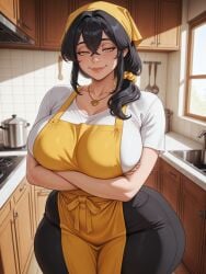 ai_generated apron black_hair black_pants crossed_arms hair_between_eyes hair_over_shoulder half-closed_eyes huge_breasts indoors kitchen long_hair looking_at_viewer mature_female milf necklace oc scarf_on_head short_sleeves sidelocks smile soledad_(memch0) standing tagme tagme_(artist) thick_thighs white_shirt wide_hips yellow_eyes yellow_scarf yellow_scrunchie