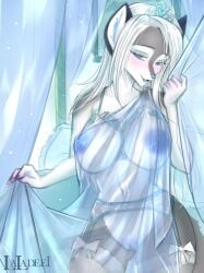 absurd_res accessory anthro areola bedroom_eyes big_breasts blue_areola blue_clothing blue_eyes blue_genitals blue_nipples blue_nose blue_tongue blue_vulva blush bra breasts canid canine canis clothed clothing clover_renfew crown curtains digital_media_(artwork) facial_piercing female female_anthro fur furgonomic_piercing furgonomics garter_belt garter_straps genitals grey_body grey_fur hair headgear hi_res inner_ear_fluff jewelry laladeei legwear lingerie long_hair looking_at_viewer mammal muzzle_piercing narrowed_eyes nipples nose_piercing open_mouth panties piercing princess royalty seductive smile solo stockings straps tiara tongue translucent translucent_clothing tuft underwear vulva white_body white_fur white_hair wolf
