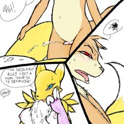 black_nose black_sclera blue_eyes breasts cum cum_on_stomach darkdoomer digimon facial_markings female male markings nipples open_mouth patachu renamon sweat text tongue tongue_out transformation translation_request