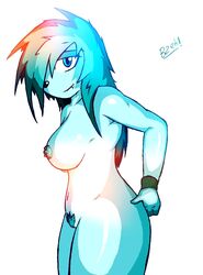 2014 aliasing anthro aqualine areola blue_eyes blue_skin breasts bzeh female hair looking_at_viewer nipples original_character piercing pubes pussy side_view sideboob solo