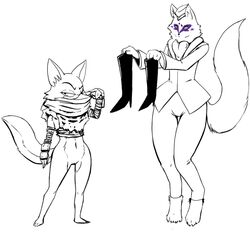 alopex anthro barefoot boots bottomless canine clothing_swap costume_switch crossover eyewear female fluffy_tail fox furry glasses hat lt._fox_vixen mammal military_uniform pussy queblock squirrel_and_hedgehog teenage_mutant_ninja_turtles