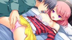 akino_subaru bed blush breasts cameltoe female female_human fingering fujikawa_runa game_cg hatsukoi_1/1 human male male/female male_human nipples panties pink_hair purple_eyes pussy_juice rubbing_pussy short_hair skirt skirt_lift spread_legs underwear wet