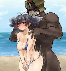 1boy 1girls beach bikini black_hair blush breasts character_request cum cum_everywhere cum_on_body cum_on_lower_body cum_under_clothes dark-skinned_male dubious_consent female fingering from_behind large_breasts long_hair masturbation nipples nothing_to_censor one_breast_out outdoors outside penis shoulder_grab size_difference skj tagme wide_hips