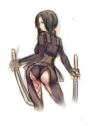 ass black_hair female final_fantasy final_fantasy_xi fishnets hume katana large_ass looking_over_shoulder ninja solo wakizashi