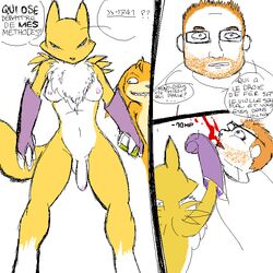 1futa balls blood blue_eyes breasts chest_tuft darkdoomer dickgirl digimon fur futa_with_male futanari gloves hair human intersex navel nipples patachu penis punch renamon text translation_request tuft white_fur