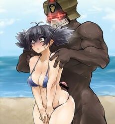 beach bikini black_hair blush breasts censored character_request female long_hair penis skj