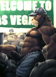 abs biceps big_muscles chinese_text clothing equine erection grin hat horse inviting male male_only mammal muscles pecs penis pose shorts sign sitting solo text uncut vein wmustang