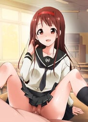 blush breasts brown_eyes brown_hair censored classroom clothed_sex clothing desk female highres human idolmaster idolmaster_million_live! kaiga legs long_hair looking_at_viewer male no_panties open_mouth penetration penis pubic_hair pussy red_eyes school_uniform sex sitting skirt smile spread_legs straight tanaka_kotoha thighs vaginal_penetration