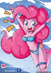 armpits arms_up bikini blue_eyes cutie_mark equestria_girls female friendship_is_magic human humanized jumping my_little_pony navel open_mouth personification pink_hair pink_skin pinkie_pie_(mlp) smile solo straight_hair the-butch-x the_butcher_(artist) thigh_strap water wristband