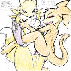 black_nose black_sclera blue_eyes breast_grab breasts chest_tuft darkdoomer digimon female fur gloves hand_on_breast male nipples open_mouth patachu penetration pussy pussy_juice red_eyes renamon text translation_request tuft vaginal_penetration