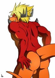 2014 anthro ass balls biceps big_muscles blonde_hair buddyfight claws dragon drum_(buddyfight) fangs hair horn looking_at_viewer looking_back male male_only muscles nude pecs plain_background pose red_dragon red_skin rossciaco solo yellow_eyes