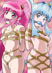 2girls aino_megumi arms_behind_back ball_gag between_labia blue_eyes blue_hair bondage breasts crotch_rope cure_lovely cure_princess female gag innie_pussy kokujou_majin kuronawa kuronawa long_hair looking_at_viewer magical_girl multiple_girls navel nipples nude ponytail precure pretty_cure purple_eyes purple_hair pussy rope saliva shirayuki_hime small_breasts tied_hair uncensored