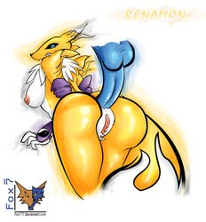 anal anal_sex areola balls black_nose breasts chest_tuft clitoris digimon disembodied_penis fox7 fur gloves looking_back male nipples open_mouth penetration penis pussy renamon tuft white_fur