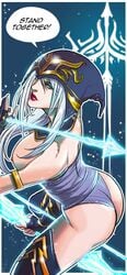 armlet arrow ashe_(league_of_legends) bare_shoulders blue_eyes blue_legwear bow_(weapon) breasts english female highres hood league_of_legends long_hair nipples solo thighhighs topless uger weapon white_hair