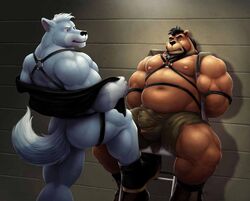 anthro bear beard bondage braford brown_fur canine facial_hair fur furry furry_only gay husky male mammal musclegut muscles navel rope sitting