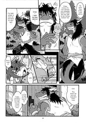 anal anal_sex anthro balls big_ears black_and_white blush censored closed_eyes clothed clothing comic cum date_natsuku dragon english_text furred_dragon furry furry_only gay hair horn male monochrome penetration penis running sex sweat text uhoh young