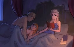 1boy 2girls anna_(frozen) black_eyes blonde_hair blue_eyes book breasts canon_couple disney elsa_(frozen) female frown frozen_(film) hand_holding human implied_sex in_bed kristoff_(frozen) long_hair male multiple_girls nightgown nude orange_hair reading rough_sketch short_hair siblings sisters smile straight xxmemoriezxx