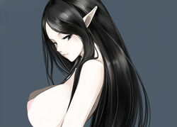 baicha black_eyes black_hair breasts elf large_breasts long_hair nipples pale_skin pointy_ears puffy_nipples wallpaper