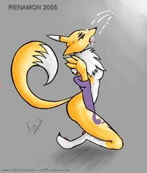 2005 black_nose black_sclera blue_eyes chest_tuft cum cum_on_face digimon facial_markings fox7 fur gloves kneeling markings open_mouth renamon tongue tongue_out tuft white_fur