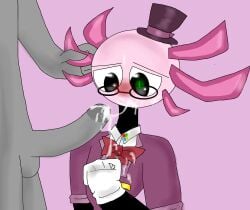 anon axolotl axolotl_humanoid blush blush bowtie circle_head clothes_on cum cum_in_face cum_on_clothes gills glasses gray_body gray_dick green_light hat kinito kinitopet looking_at_penis pink_background pink_hat pink_head red_bowtie sad_eyebrows white_gloves windows_logo