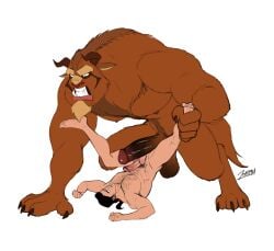 2025 anthro balls barefoot beast_(disney) beauty_and_the_beast big_balls big_penis black_hair body_hair brown_body brown_fur disney duo erection feet fur gaston genitals hair horn huge_balls huge_cock human human_on_anthro humanoid_genitalia humanoid_penis imminent_sex interspecies jonsfw male male/male mammal monster muscular muscular_male nude open_mouth penis simple_background soles teeth white_background